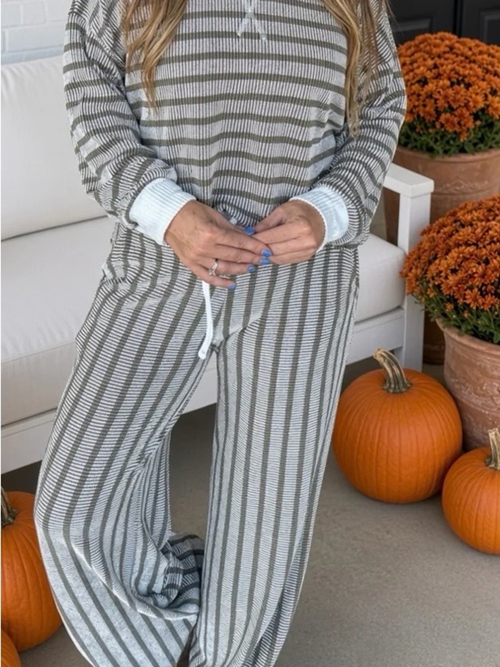 Zenana Outfitters Olive & Cream Striped Women's Pajama Set